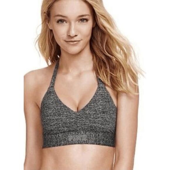 PINK Ultimate Charcoal Gray Halter Sports Bra Light Support Large - Picture 7 of 8